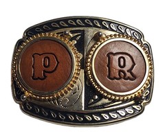 Leather Letters P & R Western Cowboy Rodeo Gold-Toned Rope Trim Belt Buckle