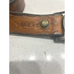 Vintage Tooled Brown Leather Belt Large Oval Metal Buckle Western Boho 46.75