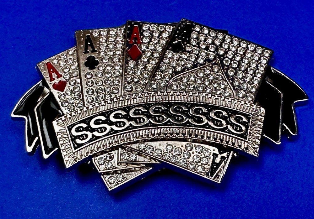 Four Aces Playing Card Game ALL SSSSSSSSSS! Casino Gambling Jeweled Belt Buckle