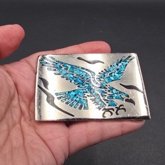 Vintage Mexico Silver Tone Turquoise Inlay Flying Eagle Rectangle Belt Buckle