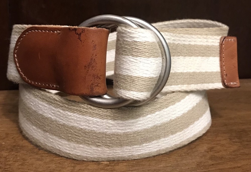 Banana Republic White/ Tan Striped Canvas Italian Leather Belt M 41”overall GUC