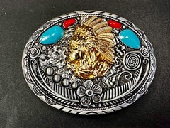 Native American Indian Chief in Head Dress Faux Turquoise & Coral Belt Buckle