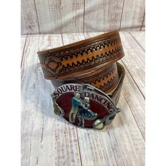 Vintage 1983 Siskiyou Square Dancing Belt Buckle with Tooled Leather Belt Brown