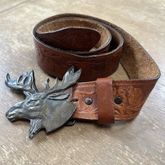Brass Moose Belt Buckle w/Hand Tooled Brown Leather Western Wear Belt Size 40