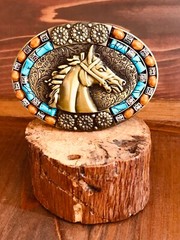 Men -women Belt Buckle Brass horse head with turquoise and rust inlaid stone