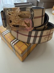 Burberry reversible belt in sand tone. polished metal buckle