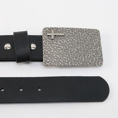 Hammered Belt Women Black Faux Leather Silver Plaited Buckle Cross Biker