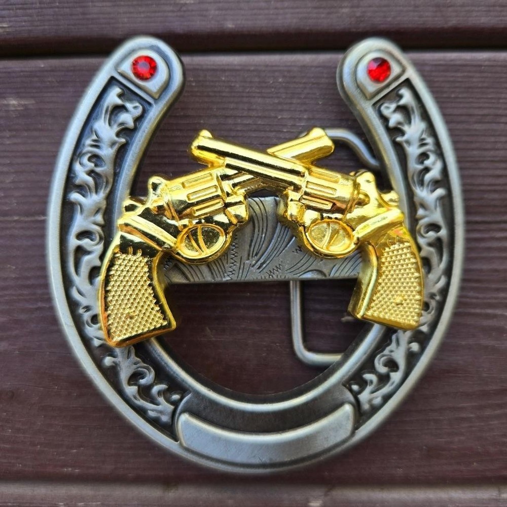 GUN REVOLVER HORSE SHOE GOLD WESTERN RODEO COWBOY BELT BUCKLE