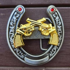 GUN REVOLVER HORSE SHOE GOLD WESTERN RODEO COWBOY BELT BUCKLE