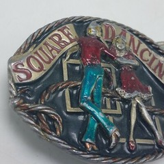VTG 1986 Pewter & Enamel SQUARE DANCING Western C & J Belt Buckle 3&Prime; x 2 1/4&Prime;