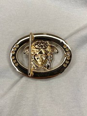 Gold Medusa Head Belt Buckle Black Greek Key Crystal Oval