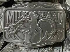 Belt Buckle Milkshake Cowboy Riding A Squirrel Smoking A Pipe 3 1/4” X 2 1/4”