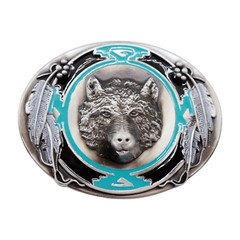 Men Western Belt Buckle Silver Metal Bear Hunter Oval Shape Feather Black Blue