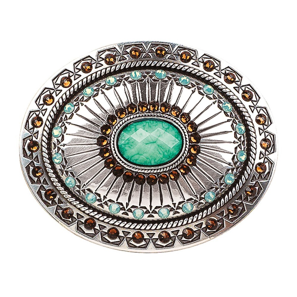 Turquoise & Amber Crystals ~ Western Belt Buckle ~ Tribal Fan, Silver 37975