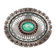 Turquoise & Amber Crystals ~ Western Belt Buckle ~ Tribal Fan, Silver 37975