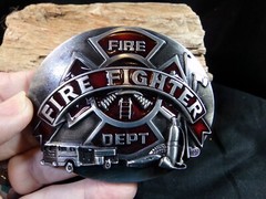Men&rsquo;s Metal Belt Buckle Fire Fighter Fire Department, Red & Grey, Fire Truck, Ax