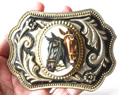 Vtg Equestrian Western Belt Buckle Porcelain Horse Portrait SIlver and Gold Tone