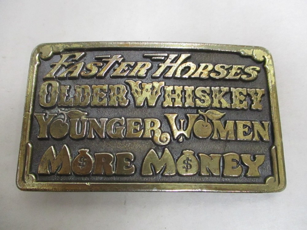 Vintage 1977 Horses Whiskey Women Money American Country Belt Buckle #D750
