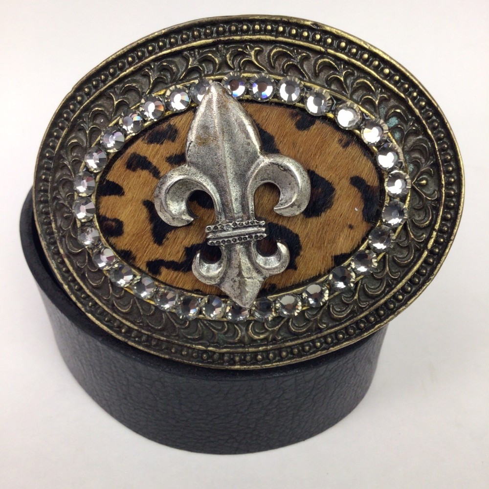 Fleur de Lis buckle + Belt Bronze Animal Print Fur Rhinestone Bling USA Made