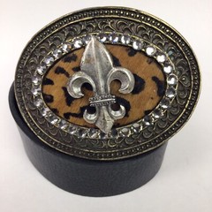 Fleur de Lis buckle + Belt Bronze Animal Print Fur Rhinestone Bling USA Made
