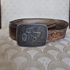 Vintage John Deere Tractor Bronze Metal Belt Buckle & Leather Embellished Belt