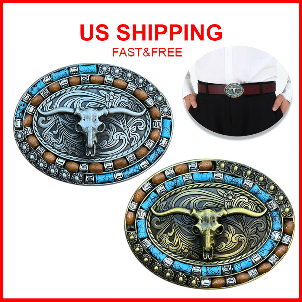 Western Cowboy Belt Buckle Unisex Turquoise Cow Skull Longhorn Belt Buckle USA