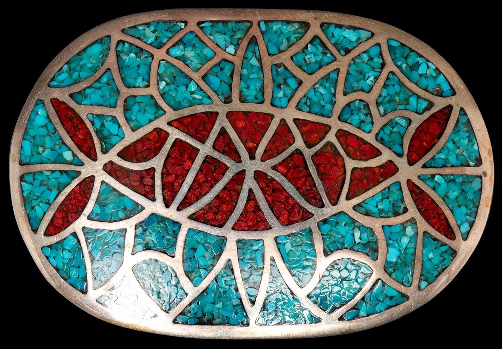 Sterling Silver Belt Buckle Turquoise Coral Inlaid Oval Vintage