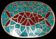 Sterling Silver Belt Buckle Turquoise Coral Inlaid Oval Vintage
