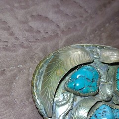 Vintage Native Made Men&rsquo;s Western Oval Silver Belt Buckle w/ Torquoise Stones