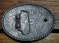 Justin Boots Brand – Silver Belt Buckle Fillagree Engraved Scroll Work Oval