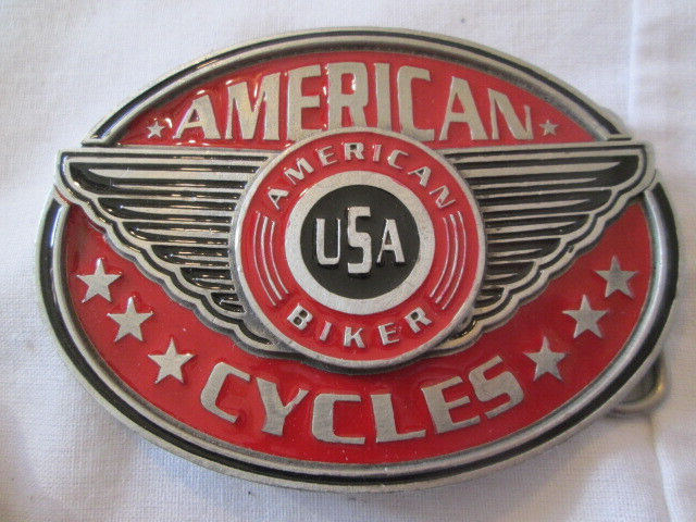 2004 EJC American Cycles USA Belt Buckle American Biker Silver Tone Red & Black