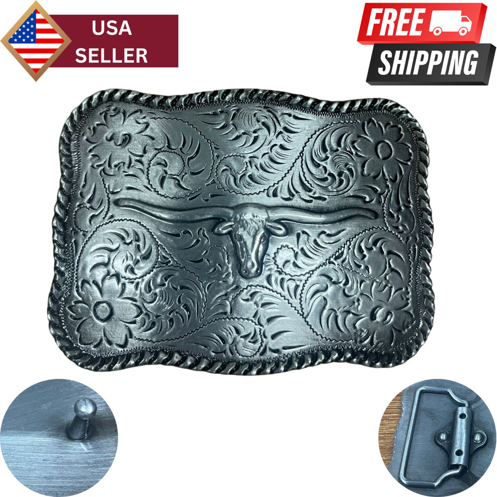 Longhorn Steer Trophy Sterling Silver Plated Western Belt Buckle
