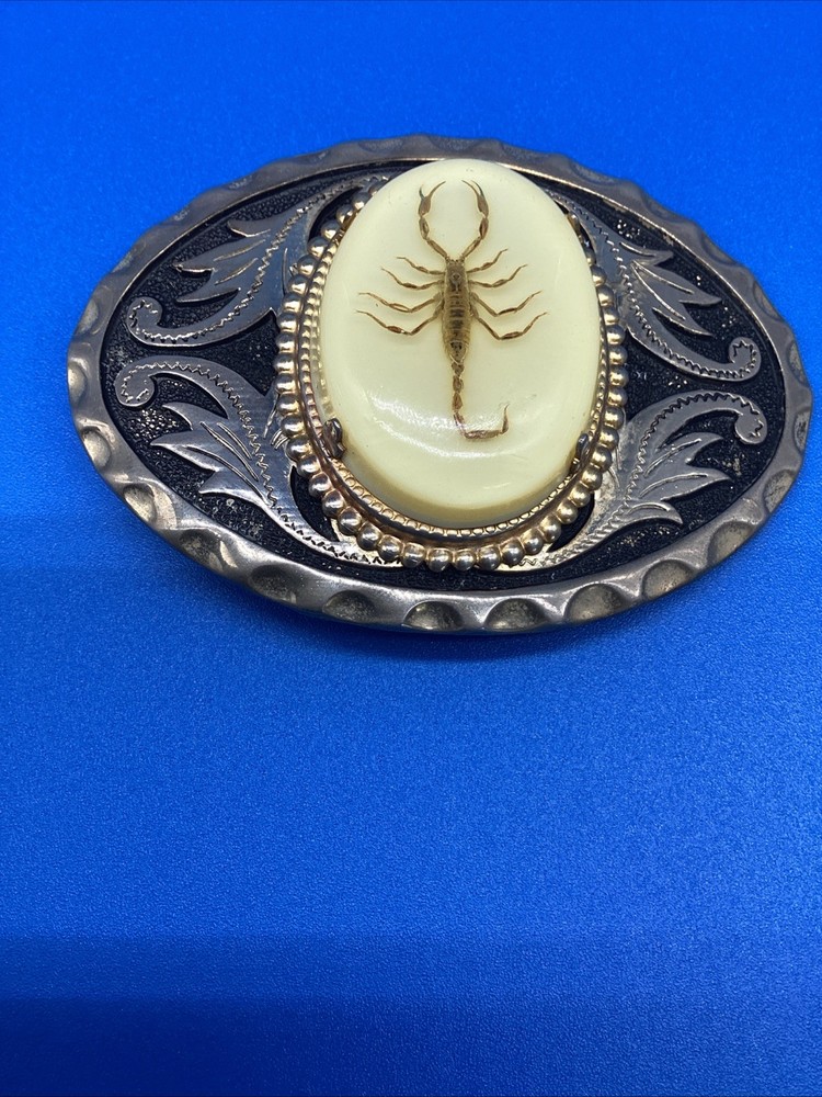 Vintage Real Scorpion Taxidermy Belt Buckle Western Filigree Resin Cabochon 1970