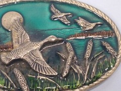 Flying Ducks Western Heavy Oval Painted Silver 3.5 X 2.5 inches Belt Buckle