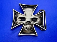 Maltese Iron Cross with Skull Reflective Cutout Gothic Punk Vibe Belt Buckle