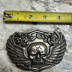 Belt Buckle – Skull With Wings and Roses. Biker Buckle to suit 1.5&Prime; (40mm) Belt