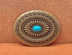 Vintage Brass Southeast Tribal Ethnic Flower Turquoise Leather Belt Buckle Huge