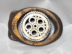 Vtg Handcrafted Silver Tone & Brass Oval Openwork Geometric Circle Belt Buckle