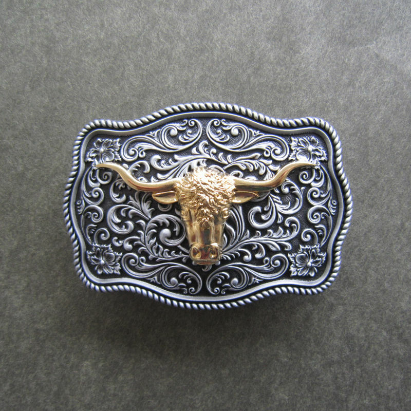 Western Flower Pattern Longhorn Bull Metal Belt Buckle