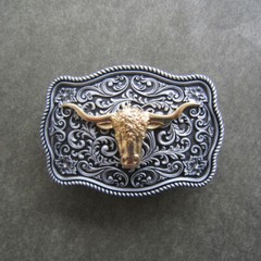 Western Flower Pattern Longhorn Bull Metal Belt Buckle