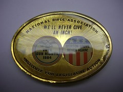 1984 NATIONAL RIFLE ASSOCIATION STARS & STRIPES NRA RED WHITE & BLUE BELT BUCKLE