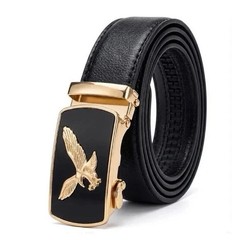 Automatic Ratchet Dress Belt Eagle Buckle Adjustable Leather Waist Belt Black