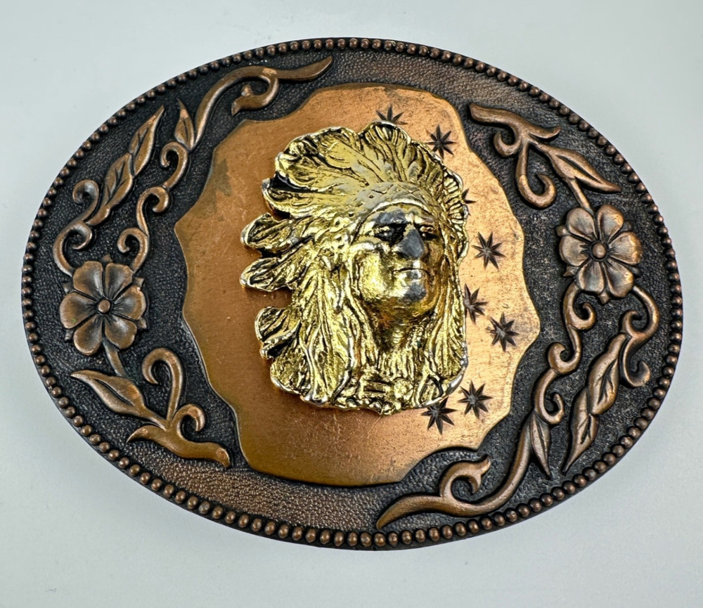 Western Copper Tone Belt Buckle Native Chief Head Oval Floral Scroll