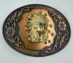 Western Copper Tone Belt Buckle Native Chief Head Oval Floral Scroll