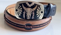 Southwestern Bull Buffalo Skull Cowboy Buckle Leather Justin Fenced Belt Sz 38