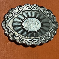 VTG Western Floral Oval BeltBuckle Silver Tone Scalloped Scrollwork Sunburst B21