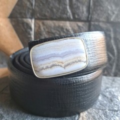Blue Lace Agate Belt Buckle Silver Plated Natural Stone Western Boho Unisex