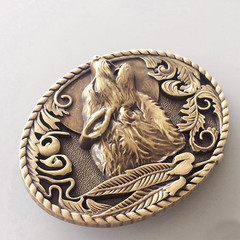 Western Men Leather Belt Buckle Wolf Wolverine Oval Shape Pattern