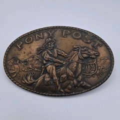 Vintage 70s Pony Post Express Brass Metal Belt Buckle Montauk Silver Company