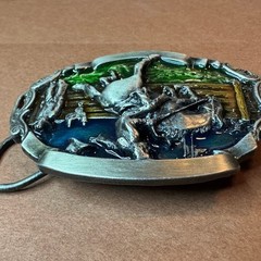 Vintage Western Rodeo Bronco Rider Belt Buckle Enamel Pewter Tone Cowboy Style